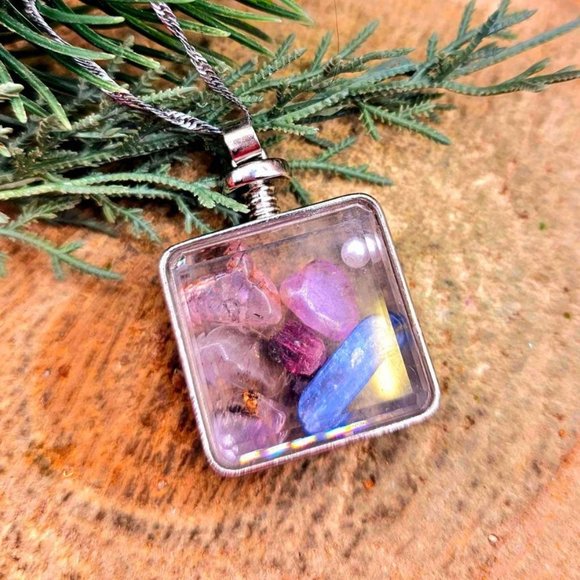 Nature Super Seven Mixed Floating Crystals Square Pendant Necklace - Picture 8 of 10